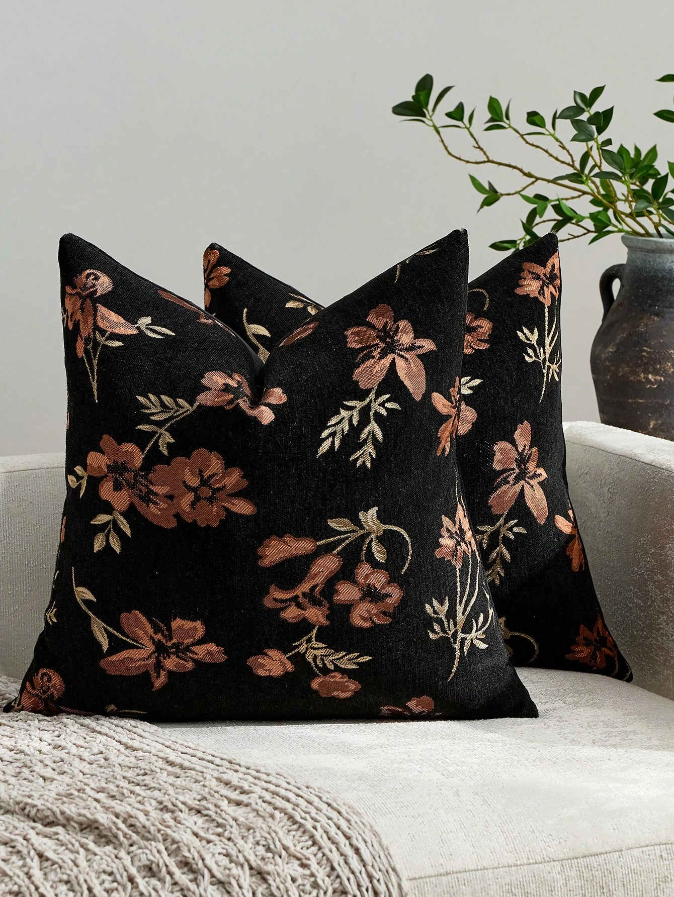 1pc Dark Tone Bronze Brown Floral Branch Textured Pillow Cover 2D Double-Side Print Polyester Cushion Case for Bedroom Living Ro