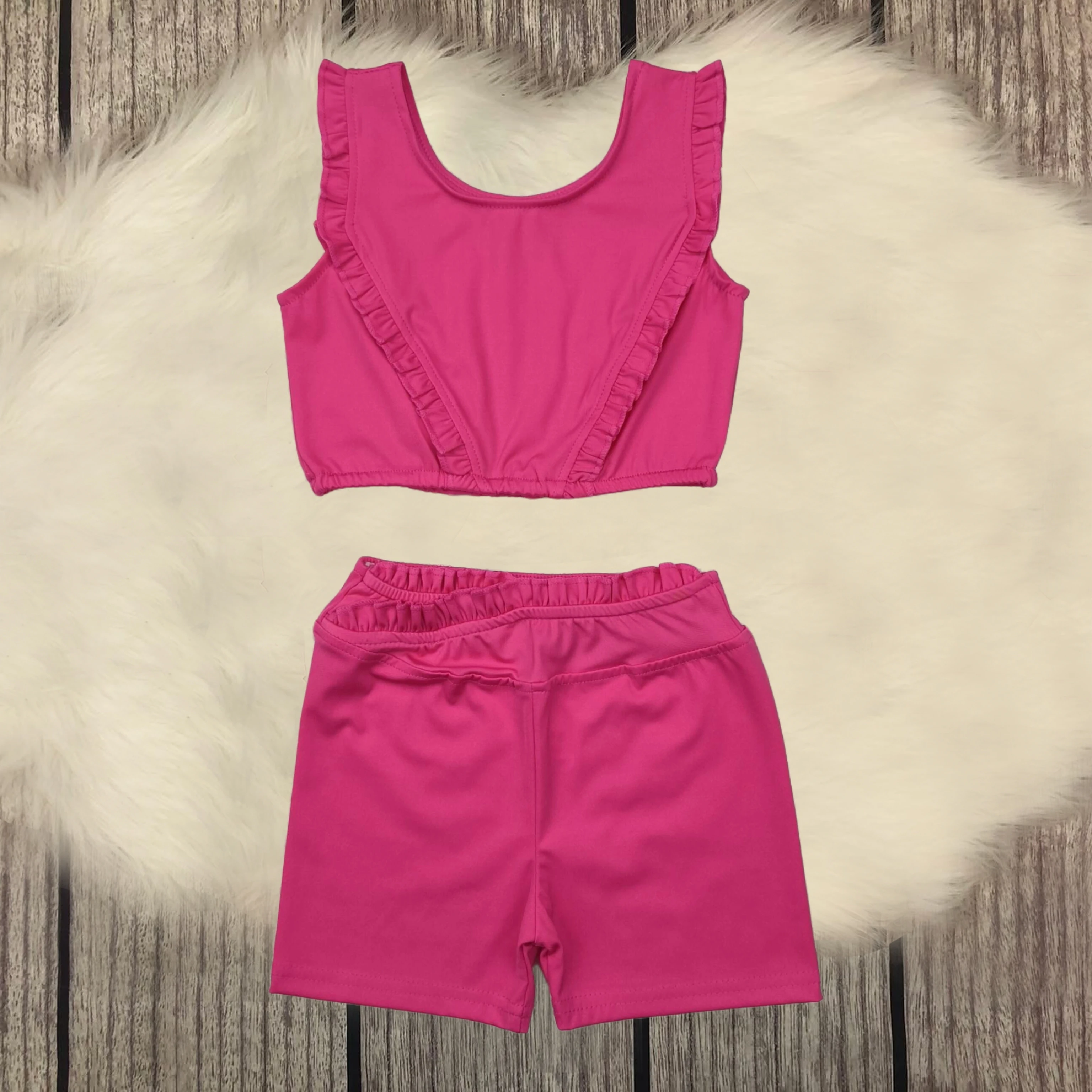 

Wholesale Baby Girls Dark Pink Yoga Vest Top Ruffle Shorts Active Wear Kids Sets Infant Toddler Children Boutique Outfit