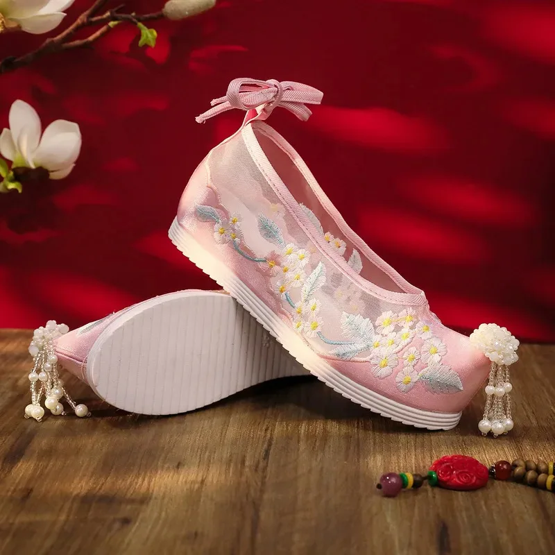 Hanfu meninas dinastia ming pérola streaming bordado flor sola macia sapatos de noiva alta ascensão antigo traje adereços ir;l5