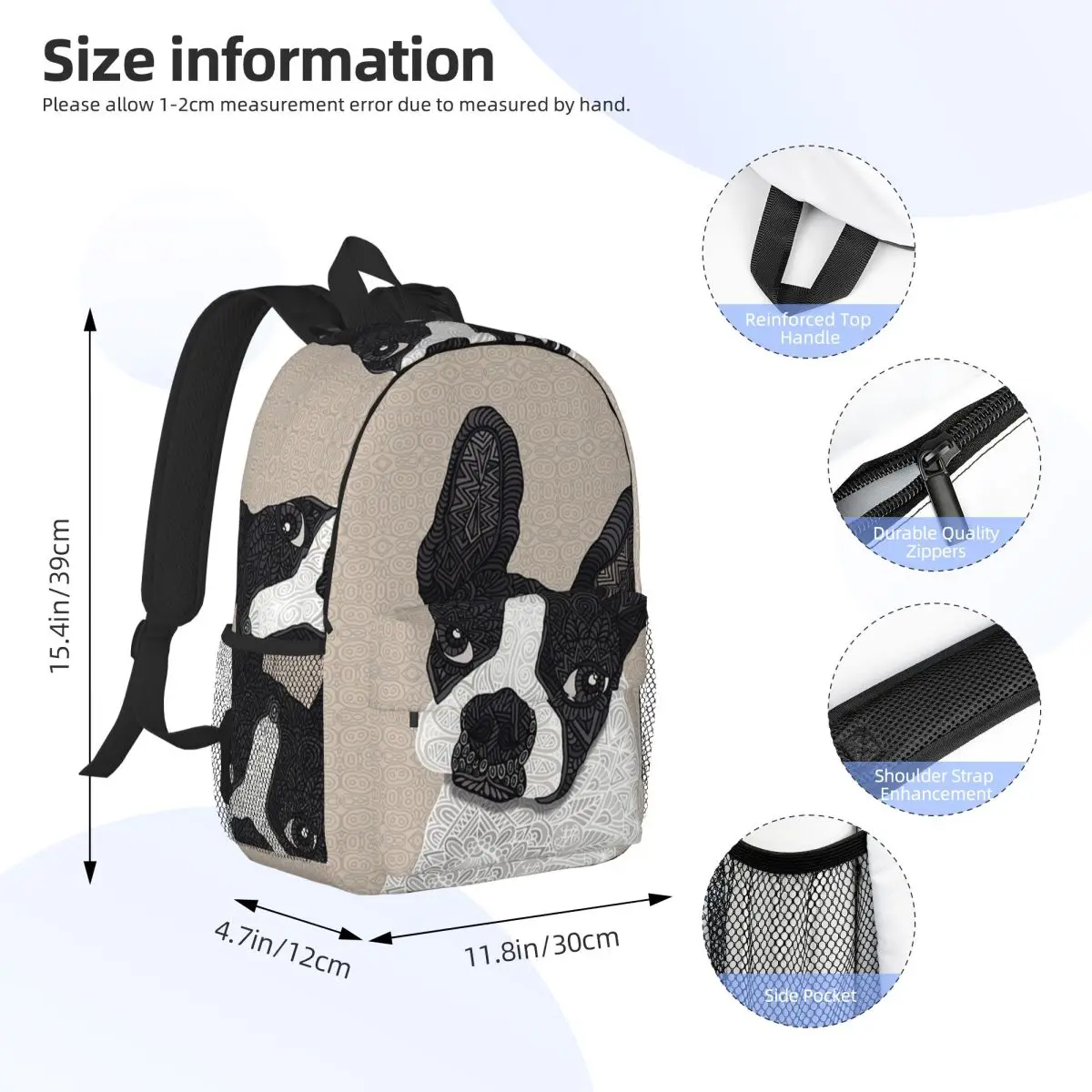 Boston Terrier Face Print Backpack Daypack Large Capacity Boys Girls BookBag Shoulder Bags for Men Women Kids School Bag