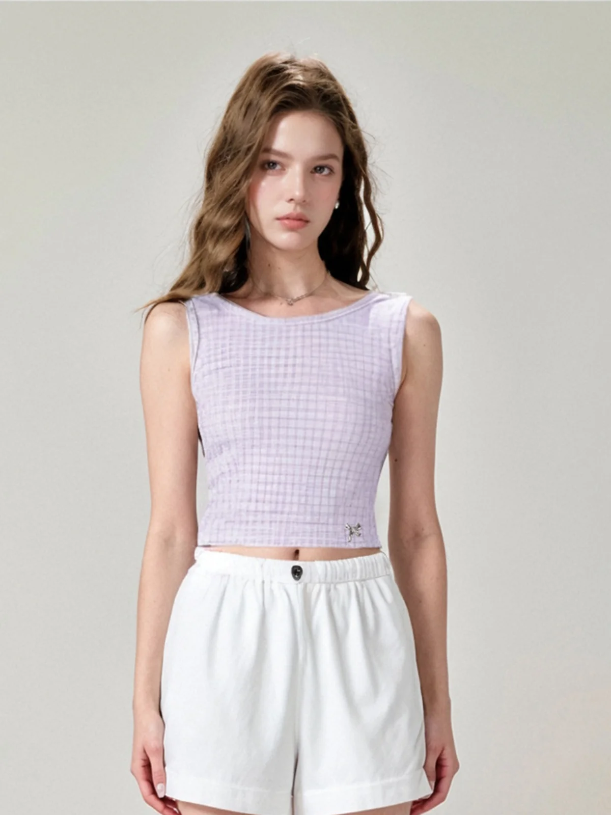 Chaleco Ajustado para Mujer, Cuello Redondo, Color Puro, Estilo a Cuadros, Ajustado a la Cintura, Nuevo Estilo Veraniego, Elegante para el Trabajo