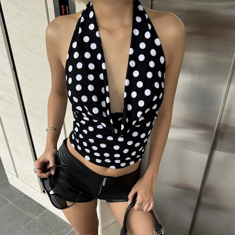 Slimming Bla Polka Dot Bal V-Ne Hanging Ne Summer Top for Women Faionable Versatile Knitted Thin Fabric