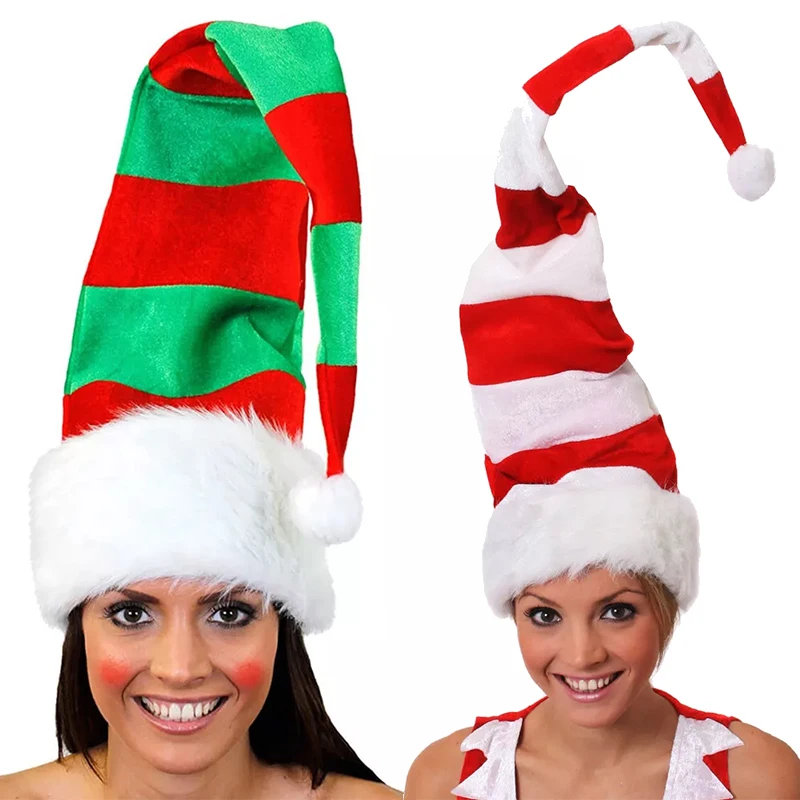 Sombrero largo de felpa de elfo para hombre, sombrero de Papá Noel a rayas rojas y blancas para mujeres adultas, sombreros de vestir de Papá Noel de Navidad