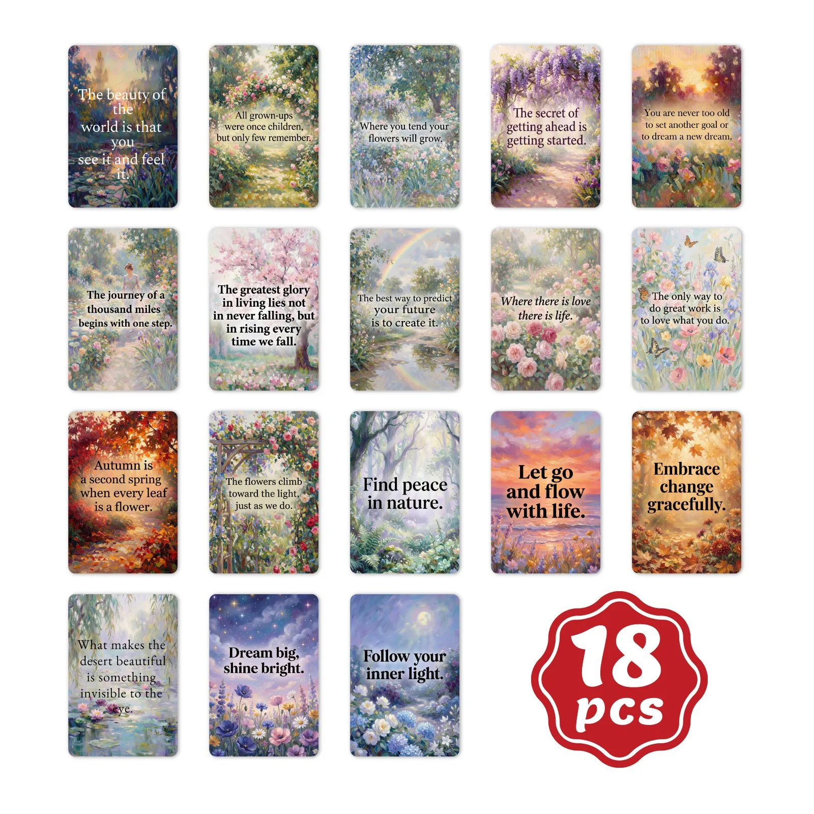 

Набор из 18 карточек с пейзажами Моне в сказочном стиле и мотивирующими цитатами для декора дома и офиса