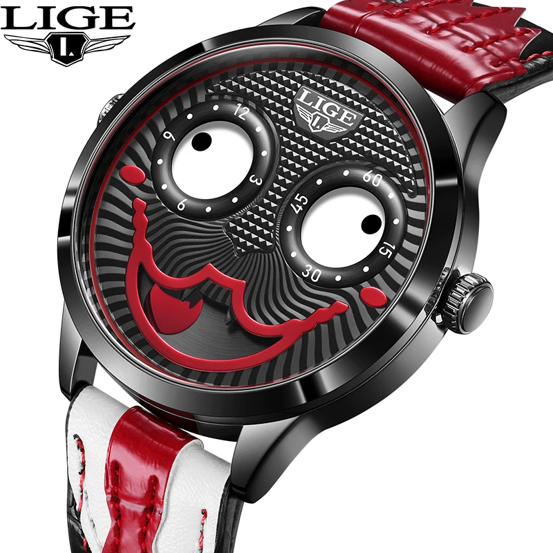 

LIGE Creative Design Clown Smile Man Watch Fashion Leather Strap Watches for Men Personality Waterproof Sport Joker Quartz Watch