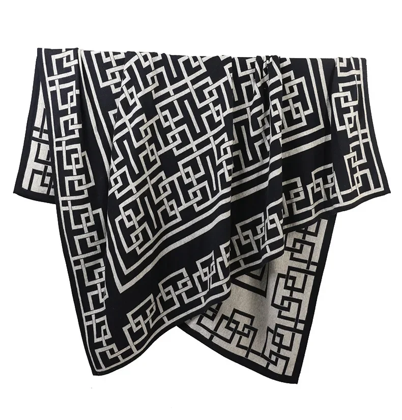 Winter Cashmere Jacquard Border Knitted Throw Blanket 100%cashmere Oversized Travel Wrap