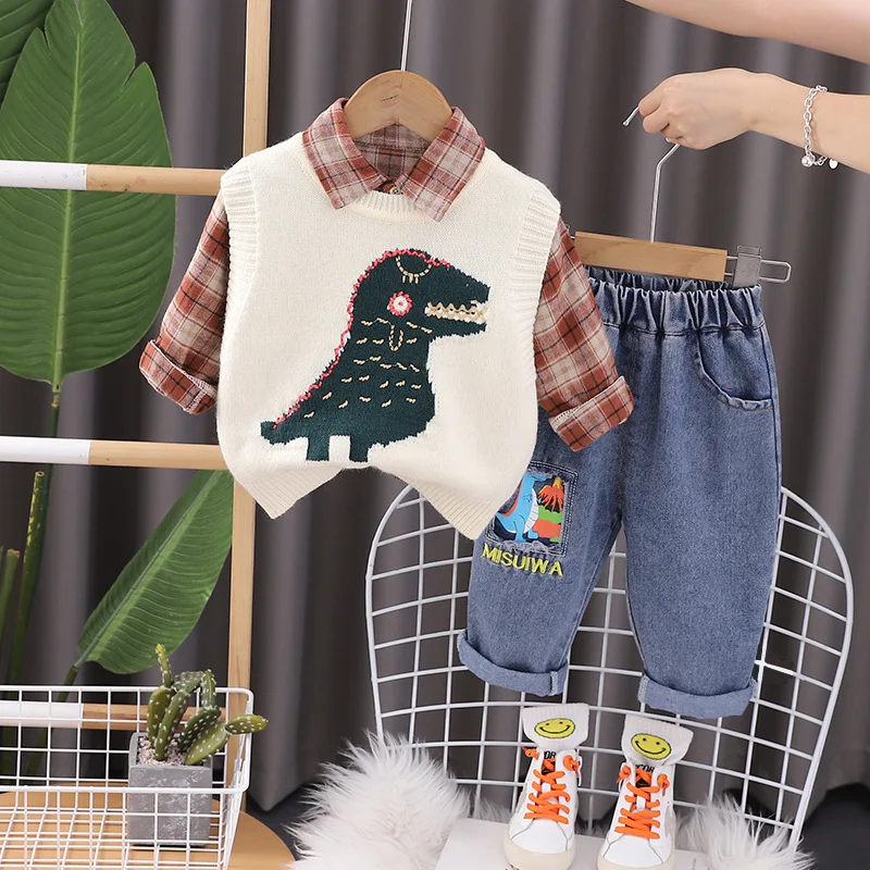 

Spring Autumn Childrens Cartoon Dinosaur Knitted Sweater Vest + Shirts + Pants Clothing Set Girls and Boys Tracksuit for Kids