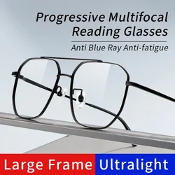 Progressive Multifocus Reading Glasses for Men, Blue Light Blocking Resin Lens, Metal Full Rim Readers,Presbyopia Eyeglasses
