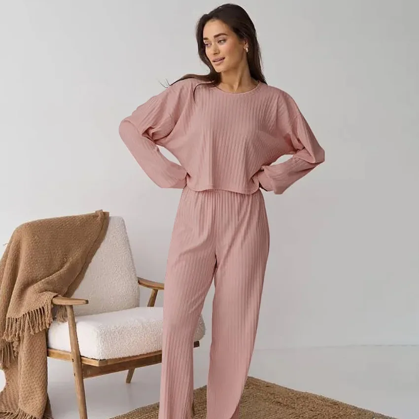 Simple Loose Pajamas Sets For Women Pink Long Sleeves Striped Pullover Tops+Pants 2PCS Lady Cotton Casual Clothing Autumn Winter