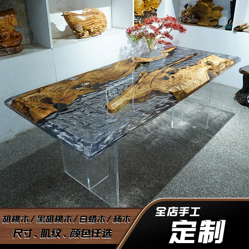 

Epoxy Resin Crushed Crystal Tea Table Walnut Log Transparent Desk Solid Wood Large Board Water Ice Crystal Coffee Table Light