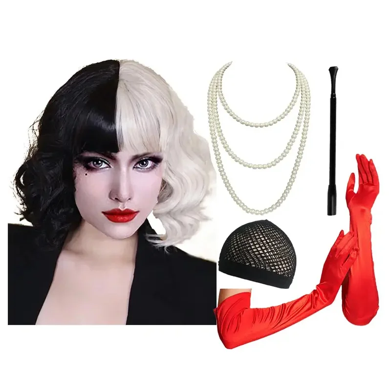 

Cizoe Cruella Deville Costume Accessories Crulla De Vil Black White Wigs Plastic Holder Halloween Red Gloves
