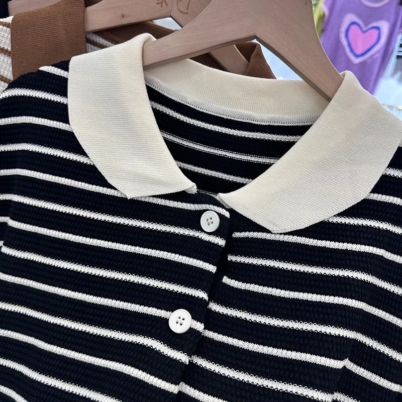 Dzianinowa rękaw w kształcie skrzydła nietoperza koszulka w paski koszulka Polo ze wstawkami w różnych kolorach Top Casual kobiety koreańskie