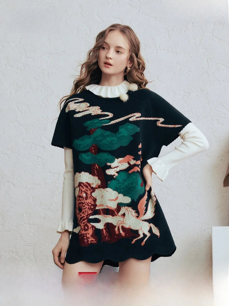 

Loose Women's Knitted Sweater Ball Decoration Floral Pattern Vintage Sle Art Casual Series Spring New Arrival