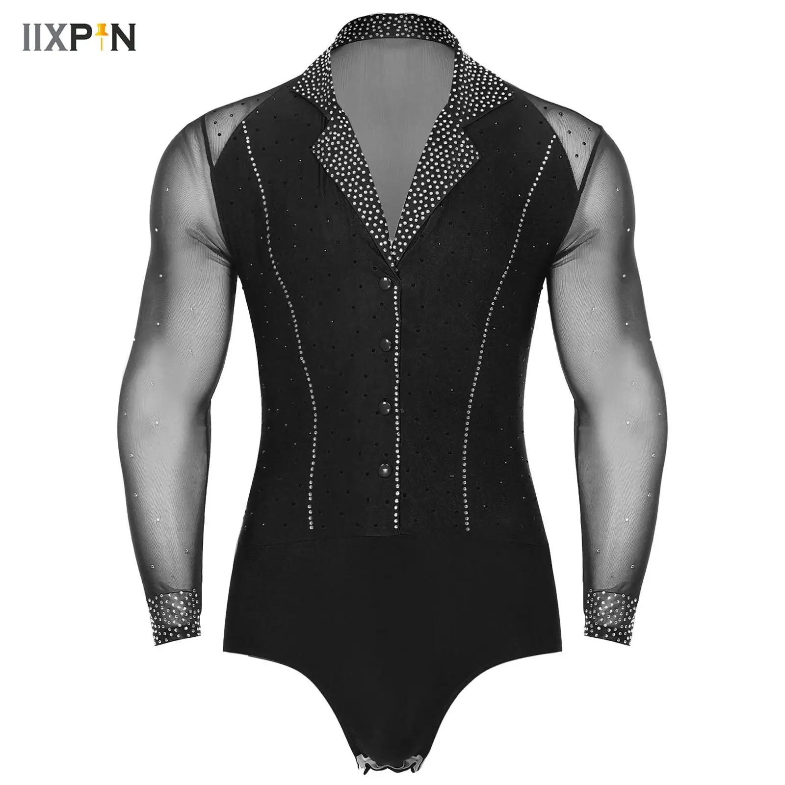 Mens Latin Tango Dance Leotard Long Sleeve Lapel Collar Sheer Mesh Patchwork Sparkly Rhinestone Bodysuit Ballroom Jazz Dancewear