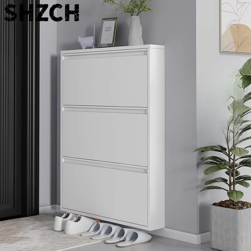 Slim Steel Shoe Rack with Flip Door, Multi-Layer Entryway Storage Cabinet, Compact Wall-Mounted Shoe Shelf for Small Spaces