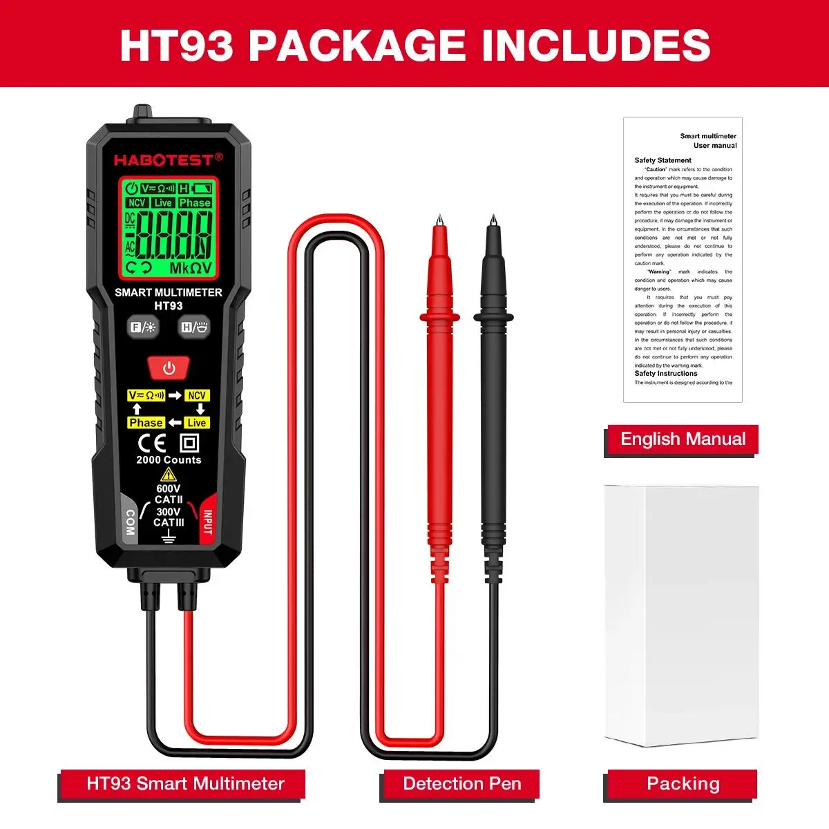 HABOTEST HT93 Digitale multimeter spanningstester 2000 tellingen AC/DC voltmeter True RMS NCV Fasetest Auto-variërend multimetro