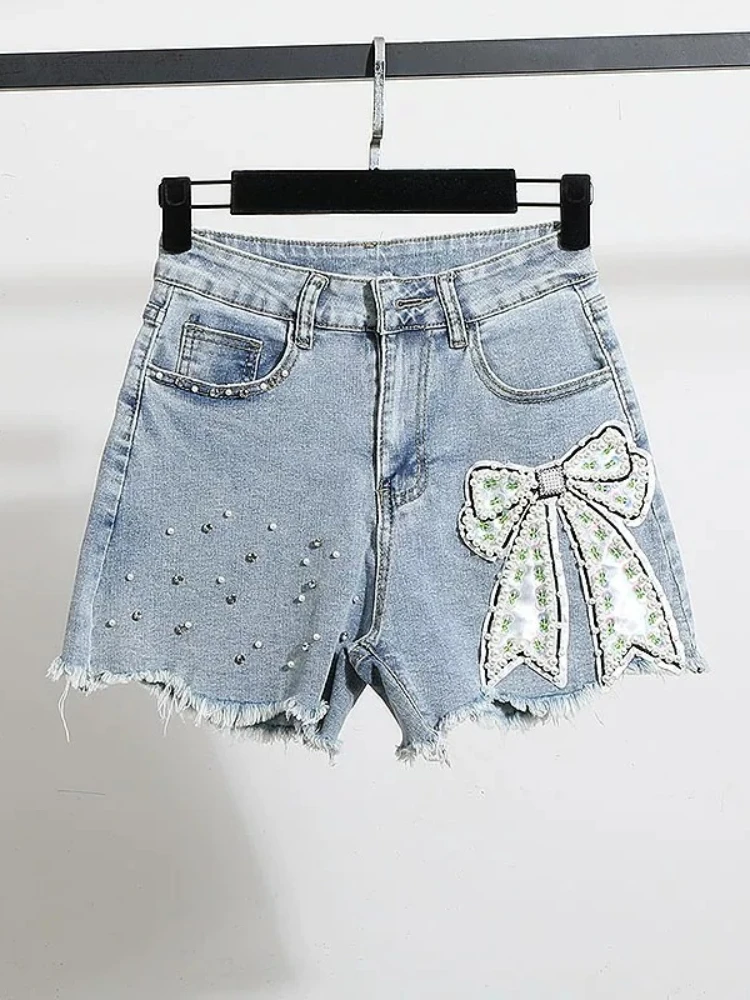 

Denim Shorts Summer New High Waist Slimming Raw Hem For Women Elegant Fashion Heavy Beading Bowknot Stretch Soft Hot Pants