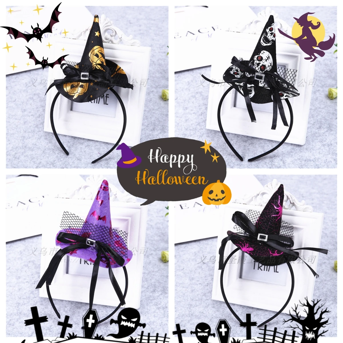 Cute Halloween Witch Headband for Women Girls Pumpkin Spider Web Skull Top Hat Hair Accessories Holiday Party Dress Up Props