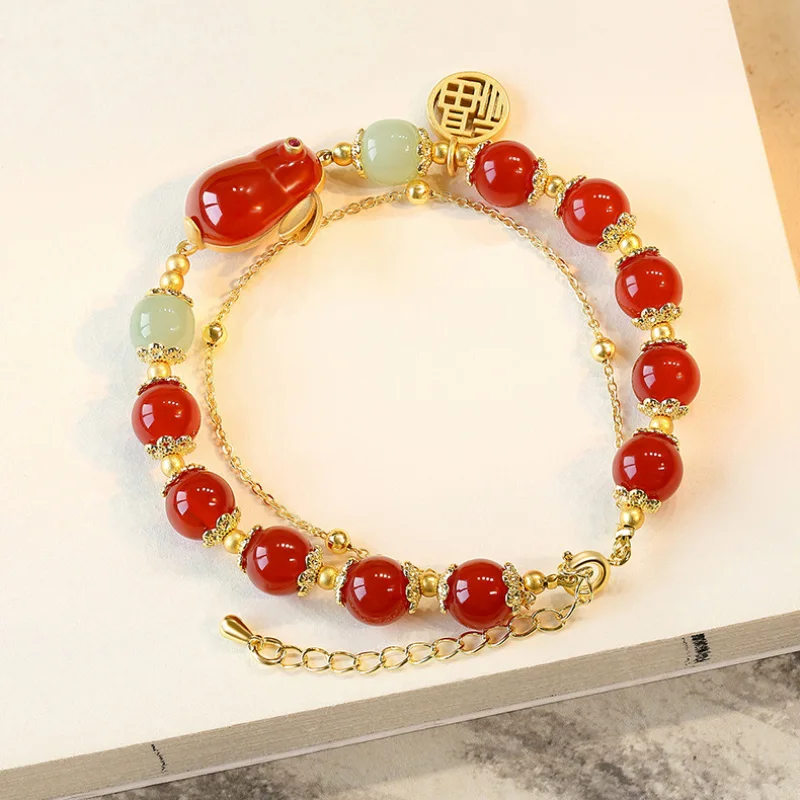 Southern Red tourmaline cute rabbit bracelet for women Natural Hotan Jade Exquisite double bead chain design bangles jewelry image 4