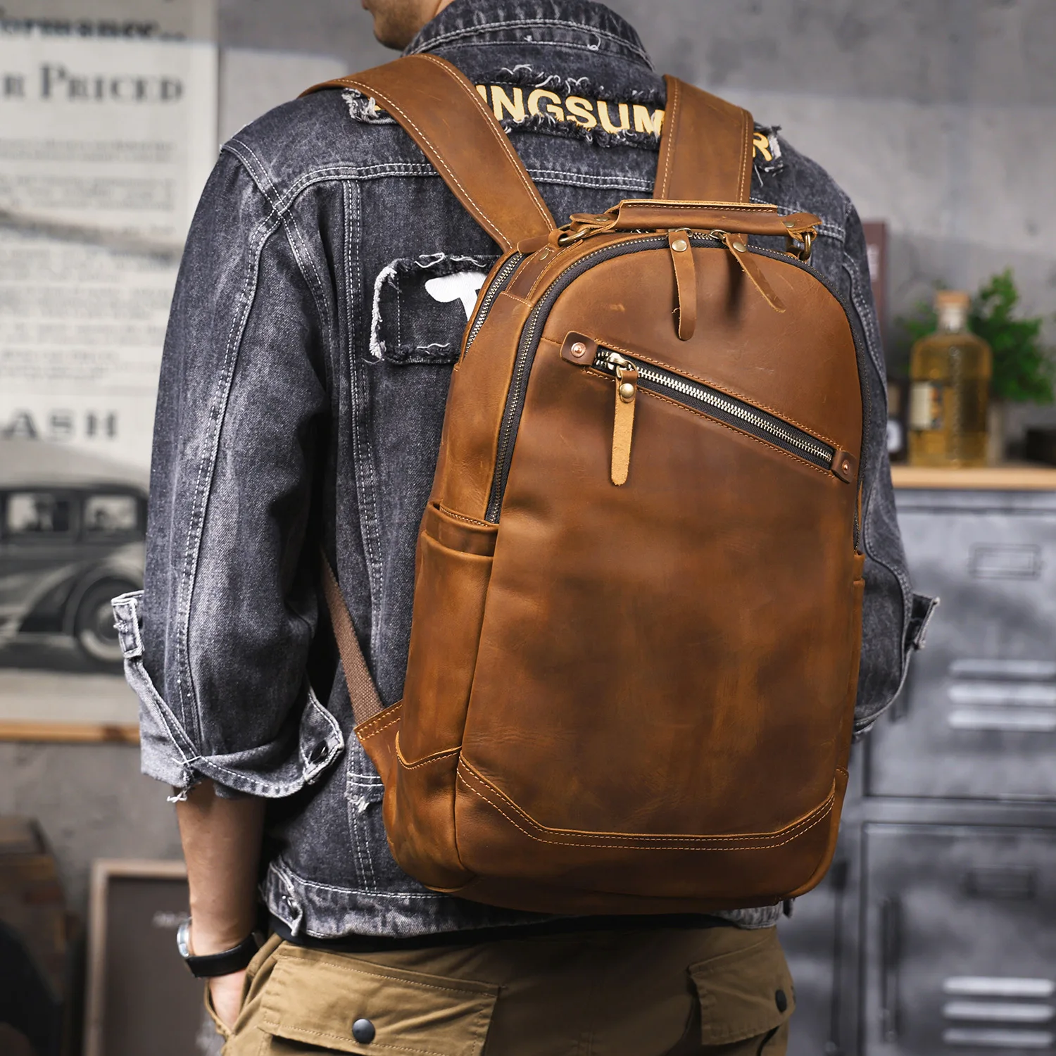 casual designer handmade crazy horse cowhide men's large-capacity backpack vintage genuine leather women's travel bagpack