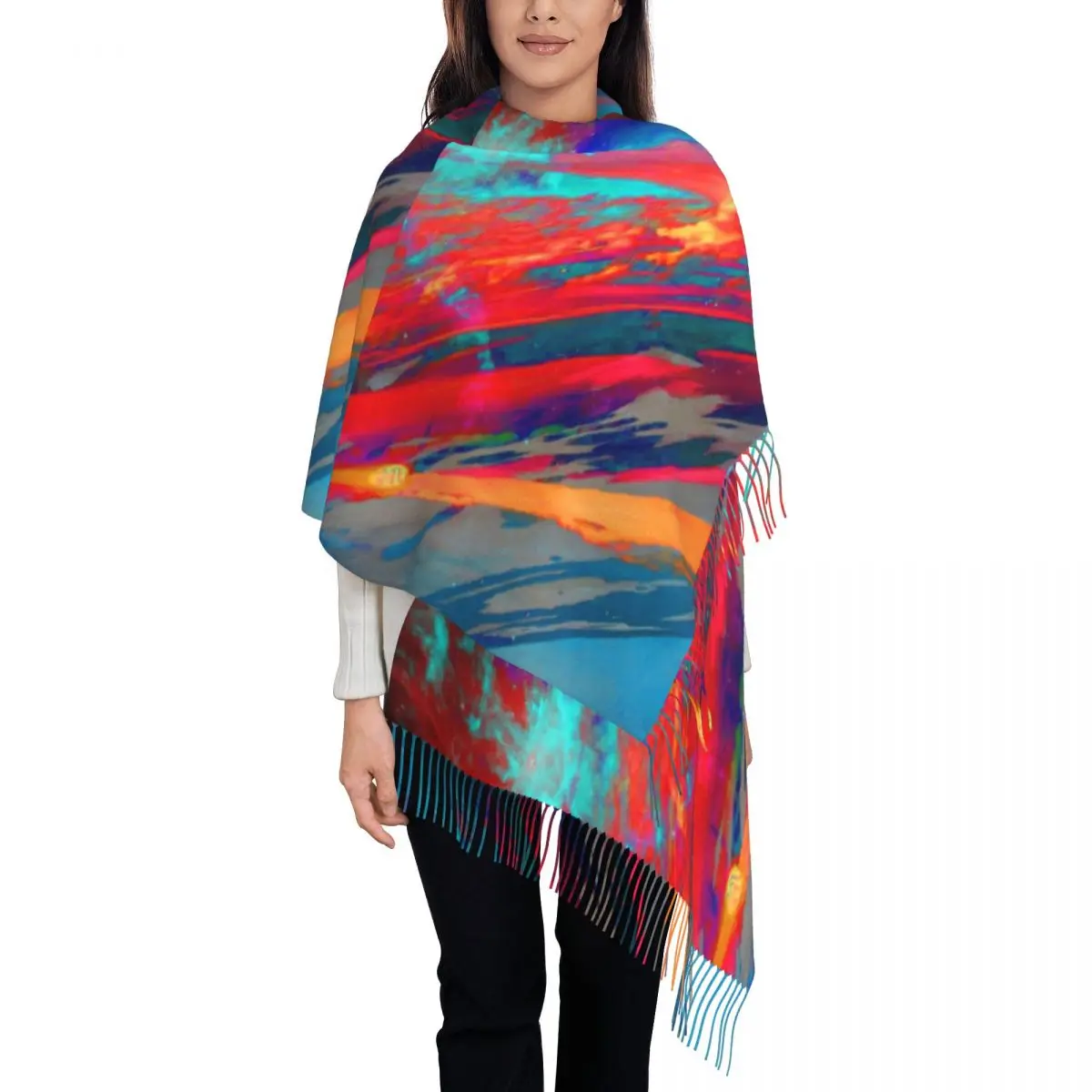 

Womens Scarf Keep Warm Abstract Sunset Headwear Scarves with Tassel Trippy Nebula Print Luxury Brand Shawl Wrap Winter Bandana