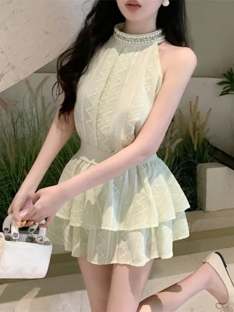 セクシーな甘いキャミソールフリルミニスカート女性のエレガントなスーツ Ezgaga ツーピースセット女性ノースリーブブラウス刺繍レースタンクトップ