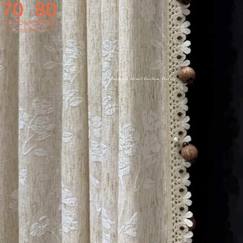 French Cotton Hemp Rose Jacquard Milk Tea Color Thick Curtains for Living Room Bedroom Partition Curtain Customization