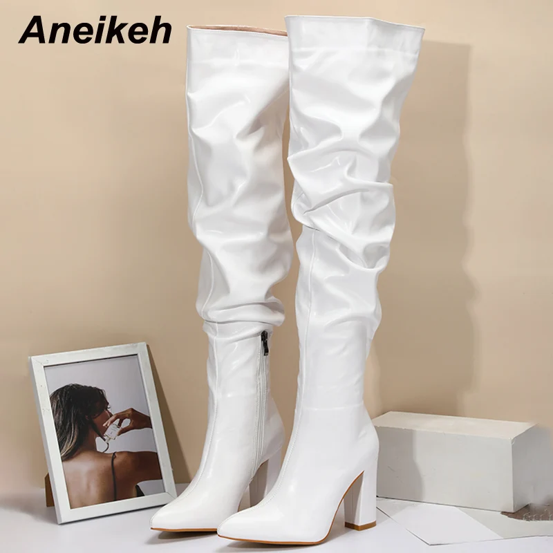 Aneikeh New Design White Pleated Leather Over The Knee Boots Fashion Runway Thick High Heels Sexy Pointed Toe Zip Womans Shoes