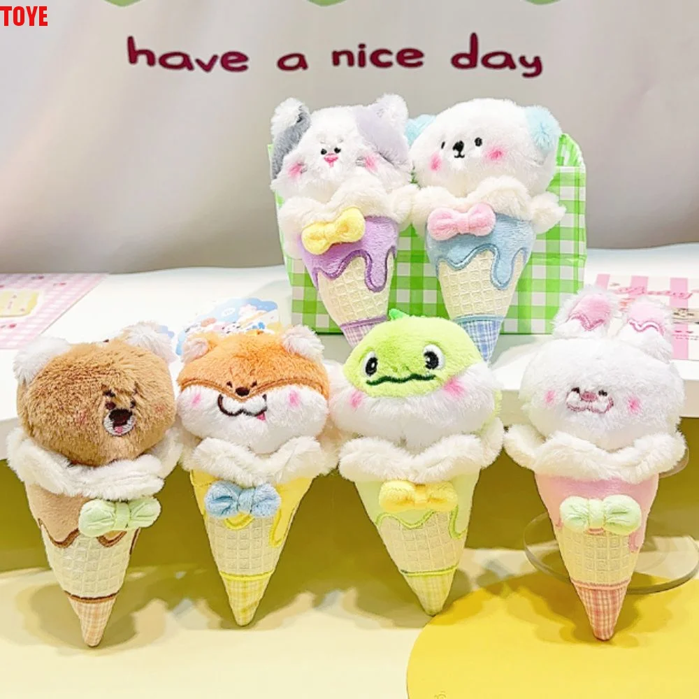 Adorkable Bear Ice Cream Cone Keychain Cat Mental Plush Animal Key Ring Sweet Cone Soft Backpack Pendant Girls