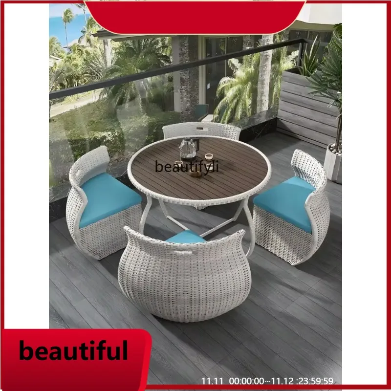 

Outdoor tables and chairs Balcony Garden preservative wood small round Outdoor courtyard Leisure with umbrella three-piece H