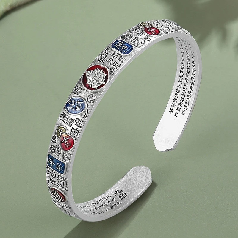 silver 925 Solid arcane Enamel Charms Colored Enamel bracelets femme Ethnic Style Auspicious Words Bracelet for women Jewelry