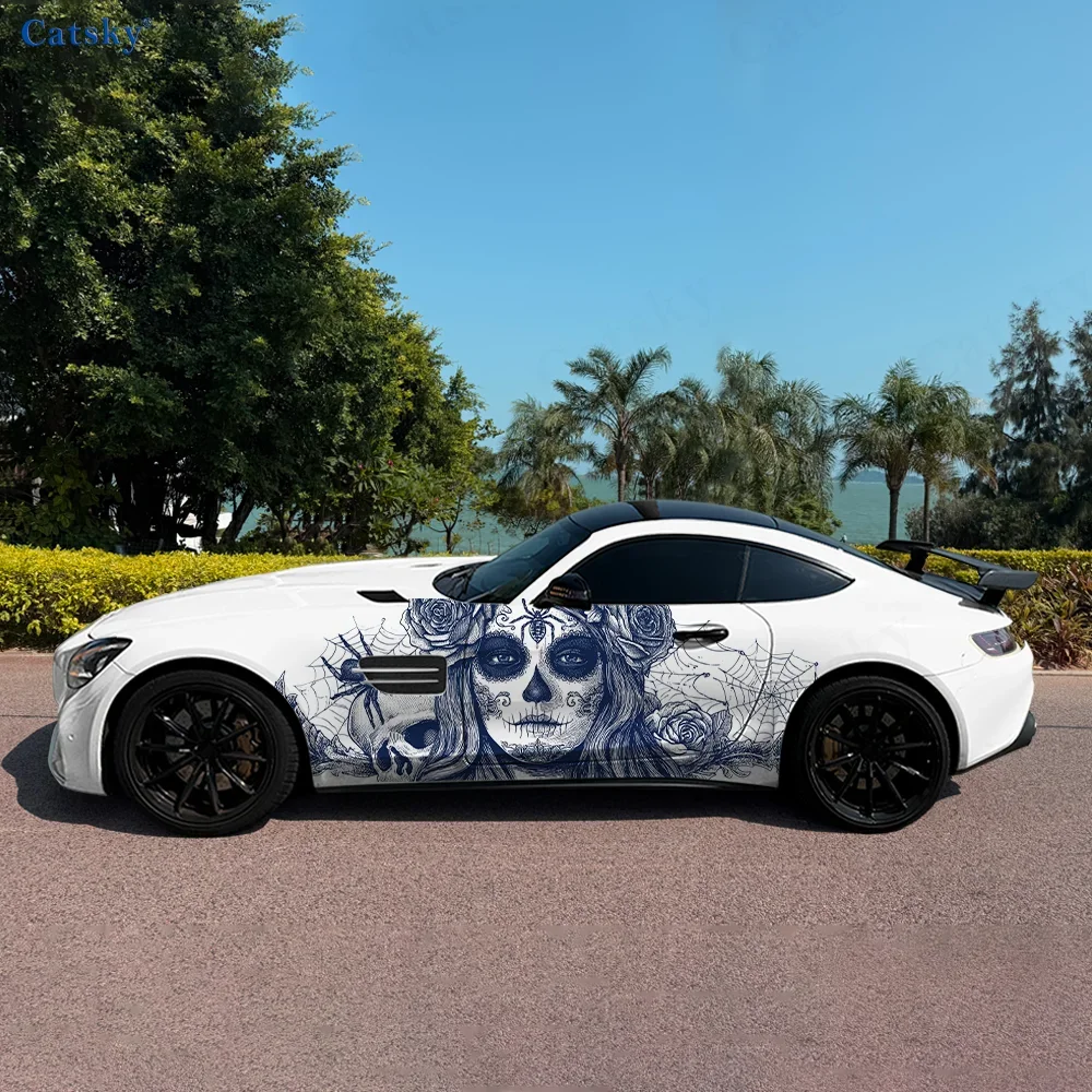 Skeleton Makeup Rose Spider Car Vinyl Wraps Decal Self-adhesive PVC Sticker Suitable for Trucks SUV Decor Auto Accessories Gift