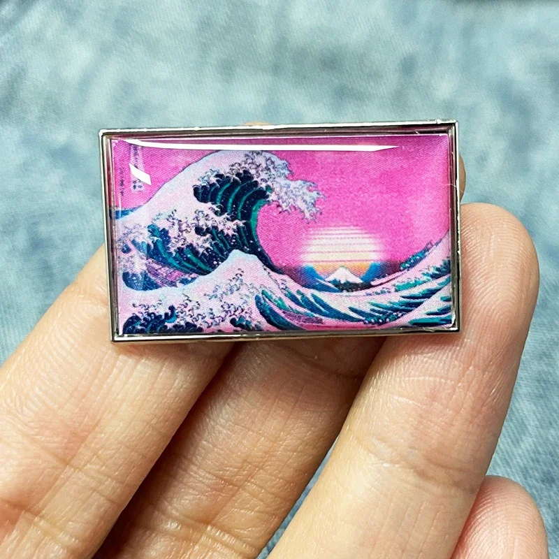 Vaporwave Aesthetic Great Wave Off Kanagawa Lapel Pin Synthwave Sunset Retrowave Badge Jewelry