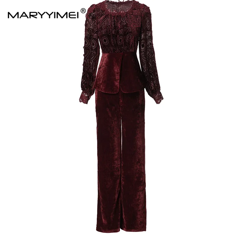 MARYYIMEI-traje de otoño e invierno para mujer, Tops con mangas acampanadas y empalme de encaje + Pantalones de pierna ancha, conjunto de dos piezas negro/rojo High Street