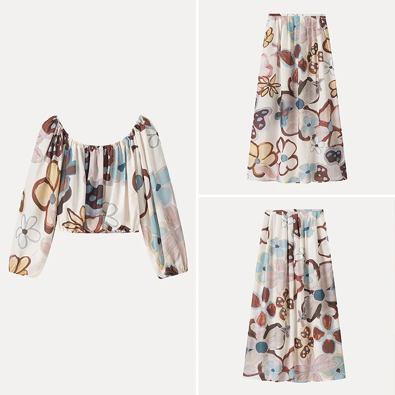 

Z 2025 New Faion Casual Printed Long Sve Top And f Skirt Set Women's Polyester Fiber Ele Daily Wear