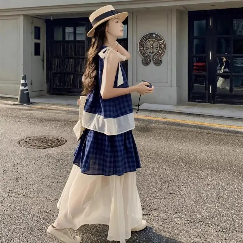 Women's Blue Plaid Two Piece Set Sleeveless Halter Top with Tulle Skirt Casual Loose Summer Outfit Beach Vacation Bohemian Suit