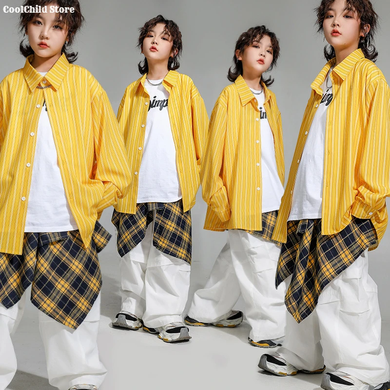 Boys Hip Hop Loose Striped Shirt Cargo Pants Girls Street Dance Blouse Children K-pop Costumes Clothes Sets Kids Jazz Streetwear