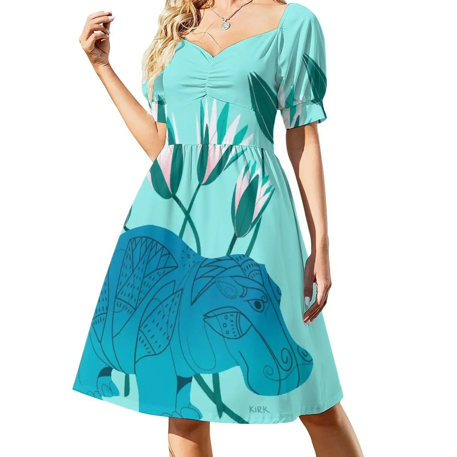 

Faience Hippo - Floral Artefacts Short-Sleeved Dress elegant chic women dresses promotion Women dresses summer Dress