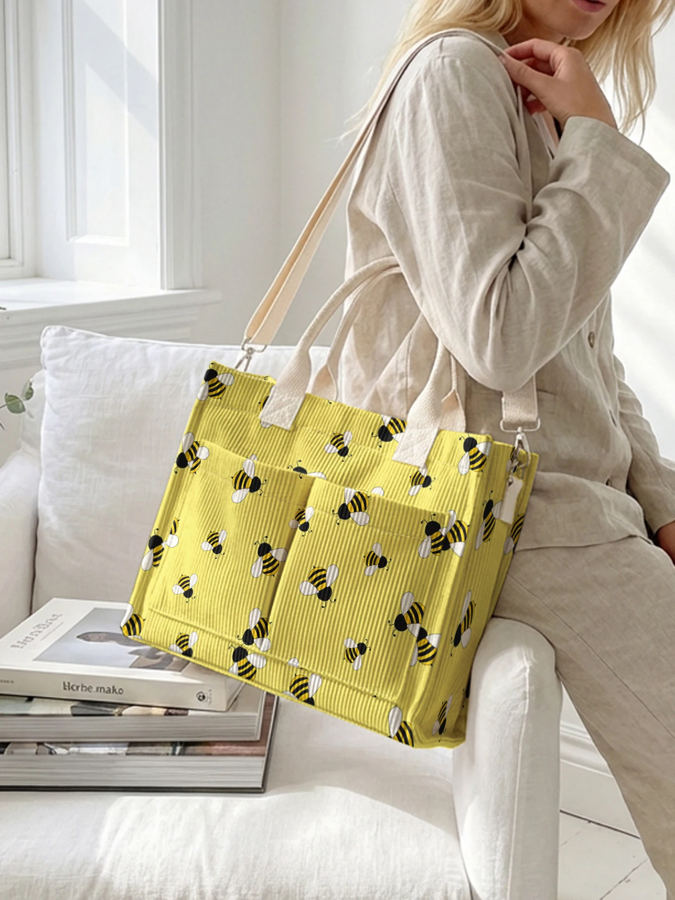 Cartoon Bee Print Yellow Corduroy Tote Bag Large Capacity Multi Pocket Detachable Crossbody Shoulder Bag
