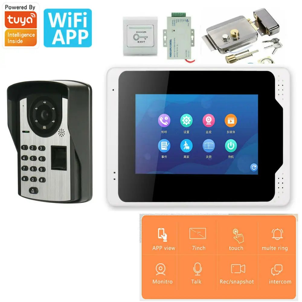 

7 inch Tuya WiFi Video Intercom Doorbell to Phone Camera Home Security Door Phone Fingerprint Access Control System APP Unlock