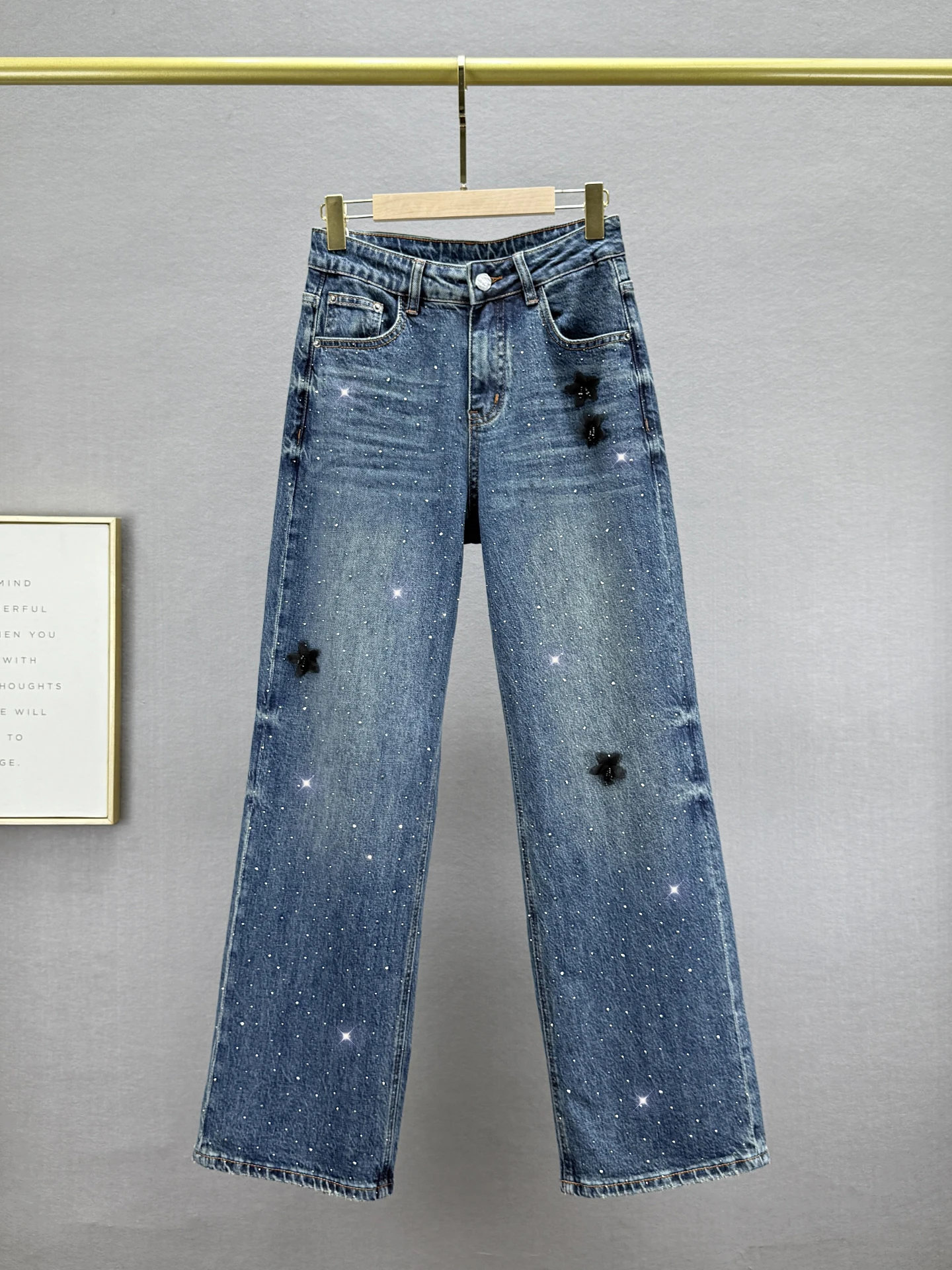 

Модные женские джинсы с высокой талией и прямыми штанинами, осенняя новинка 2025 года, свободные, стройнящие, с блестками, в европейском стиле, брюки в пол