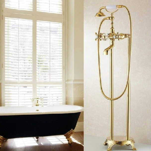 Bathtub Faucets Bathroom Gold Floor Stand Faucets Telephone Type Bath Shower Mixer Brass Shower Set Luxury Bathtub Tap