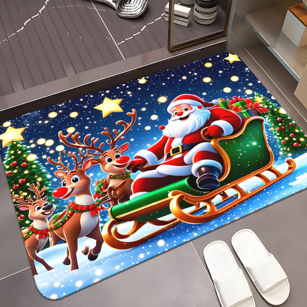 1pc 2D Flat Santa & Reindeer Rug, Water Absorbent & Washable, Multi-Purpose Holiday Decor