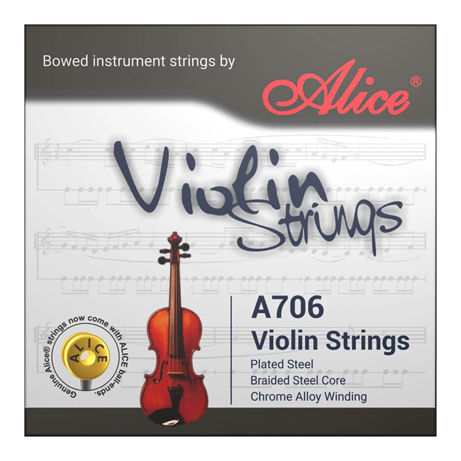 Cuerdas para Violín Alice A706, Juego Completo E,A,D,G, Núcleo de Acero Trenzado, Entorchado de Aleación de Cromo, para Violín Tamaños 4/4, 3/4, 1/2, 1/4, 1/8