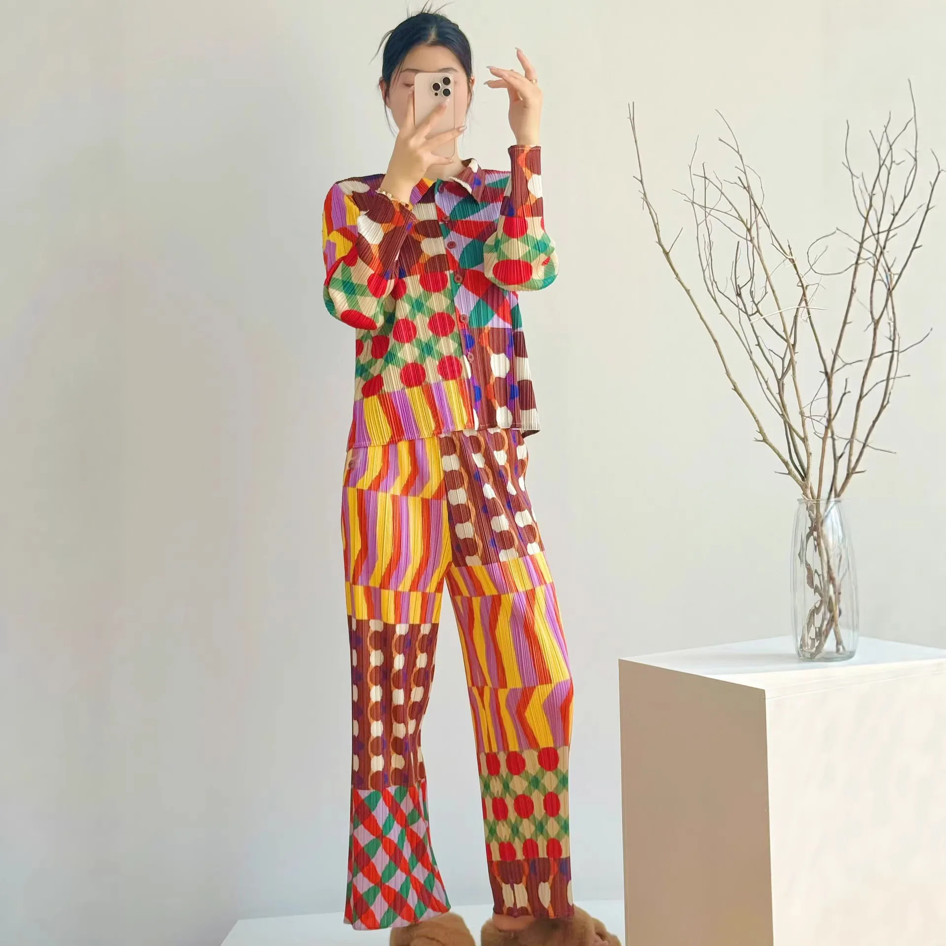 Miyake Pleated Harmony Geometric Printed Straight Pants