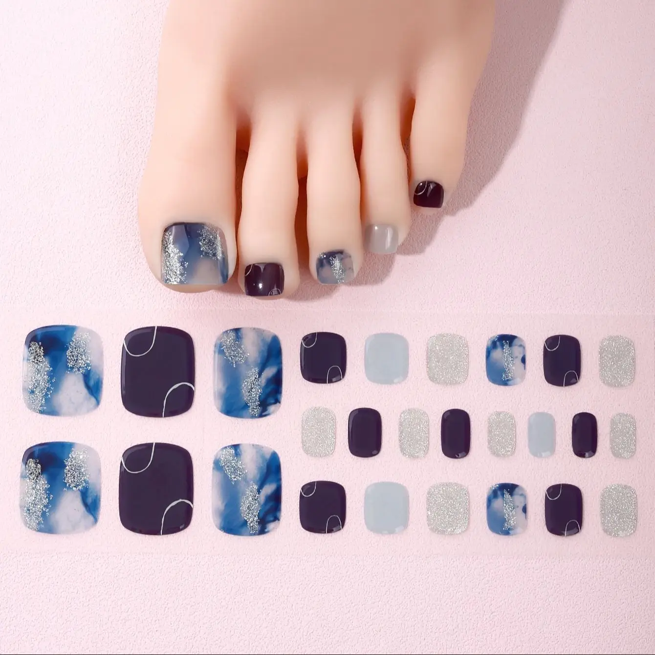 26Tips Gradient Marble Semi Cured Gel Toenail Sticker Glitter Full Gel Toenail Wraps Self-Adhesive Foot Nail Art Decoration