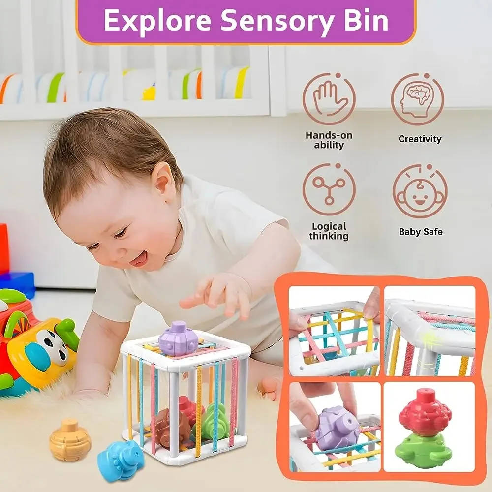 Rainbow Colorful Montessori Shape Sorter Cube Baby Infant Blocks Sorting Grip Training Cognitive Educational Learning Toy