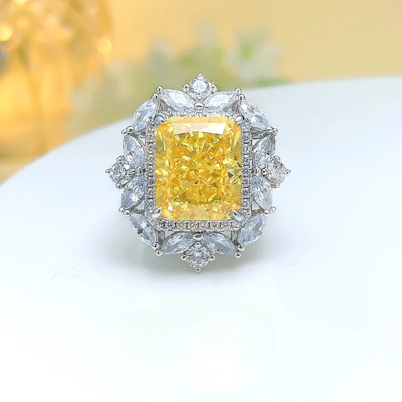 European and American Fashion Yellow Diamond Ring 925 Sterling Silver Inlaid High Carbon Diamond Wedding Jewelry Wholesale