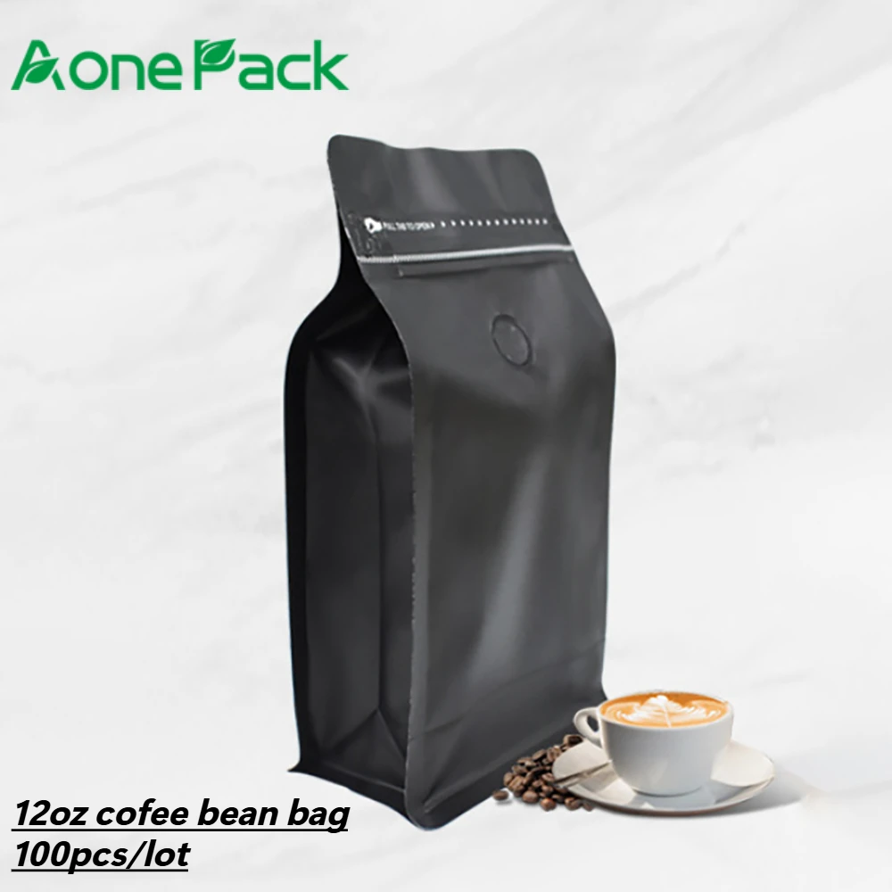 100pcs Matt Black/White Coffee Bags 12oz With Valve and Zipper Custom Paper Packaging Flat Bottom Powder PET Food Bag