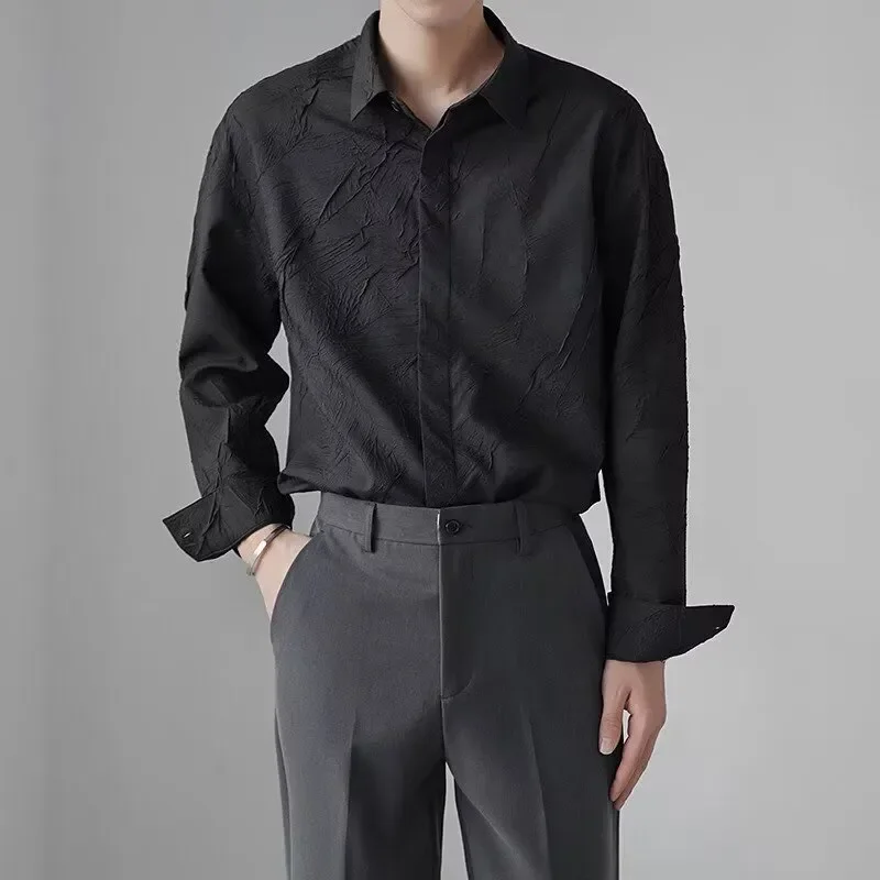 

Solid Color Button Long-sleeved Cardigan French Shirt Men's Clothing Loose Casual Texture Jacquard Shirt Korean Style Top